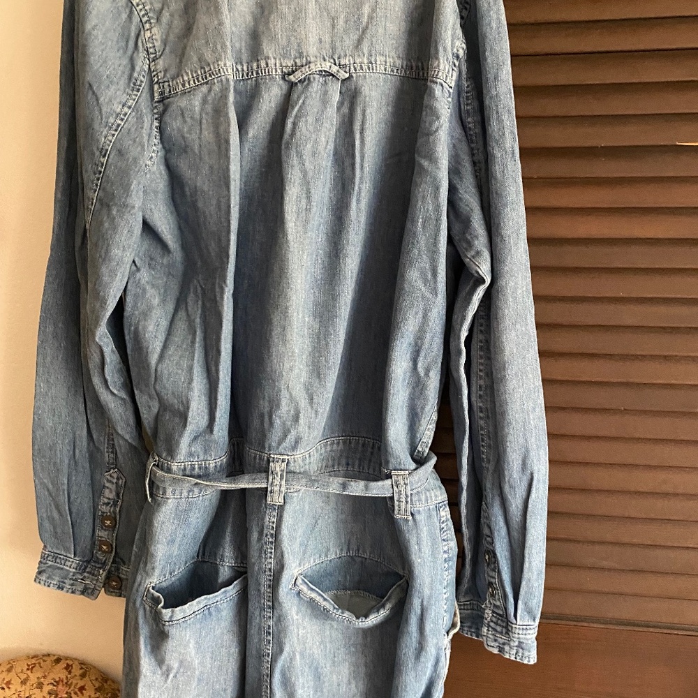 Free People Denim Long Sleeve Romper Medium Wash Pockets Waist Tie